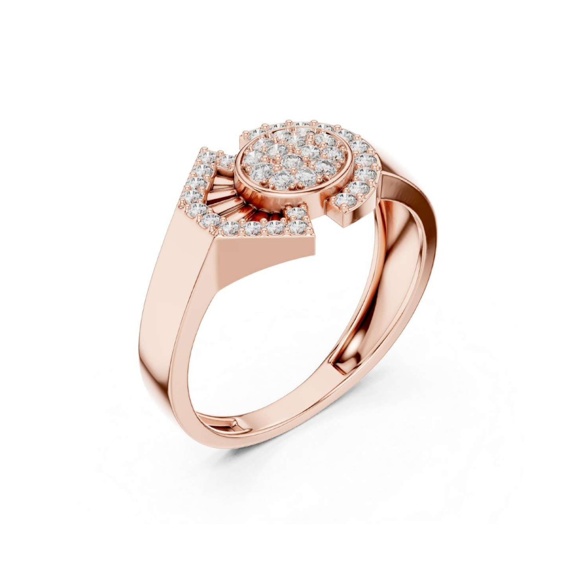 Rose gold ring with diamond accents on a white background