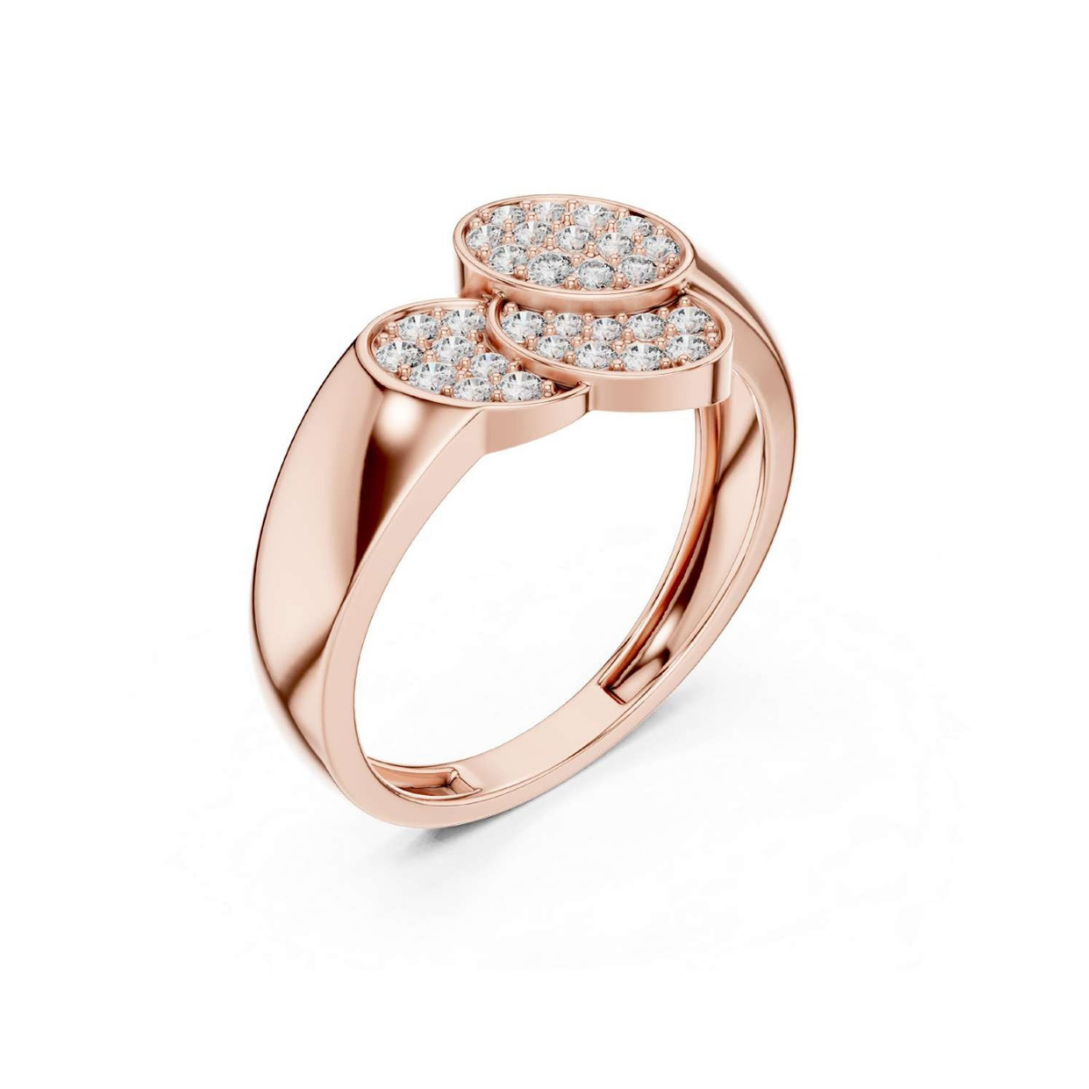 Rose gold ring with diamond accents on a white background