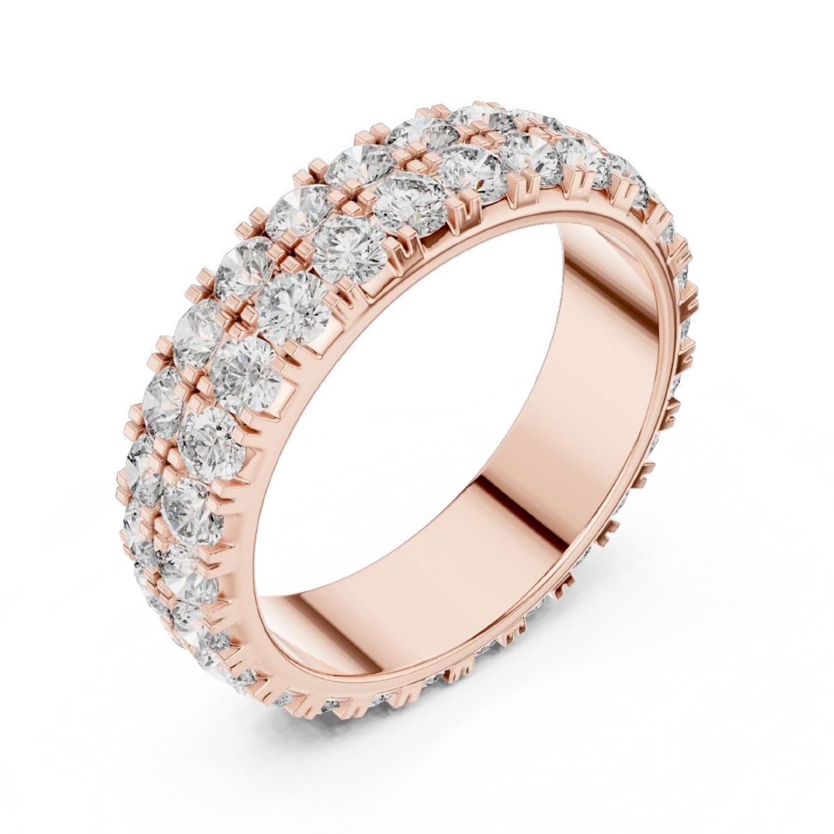 Rose gold ring with diamond accents on a white background