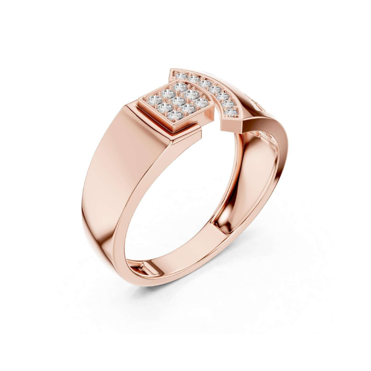 Rose gold ring with diamond accents on a white background