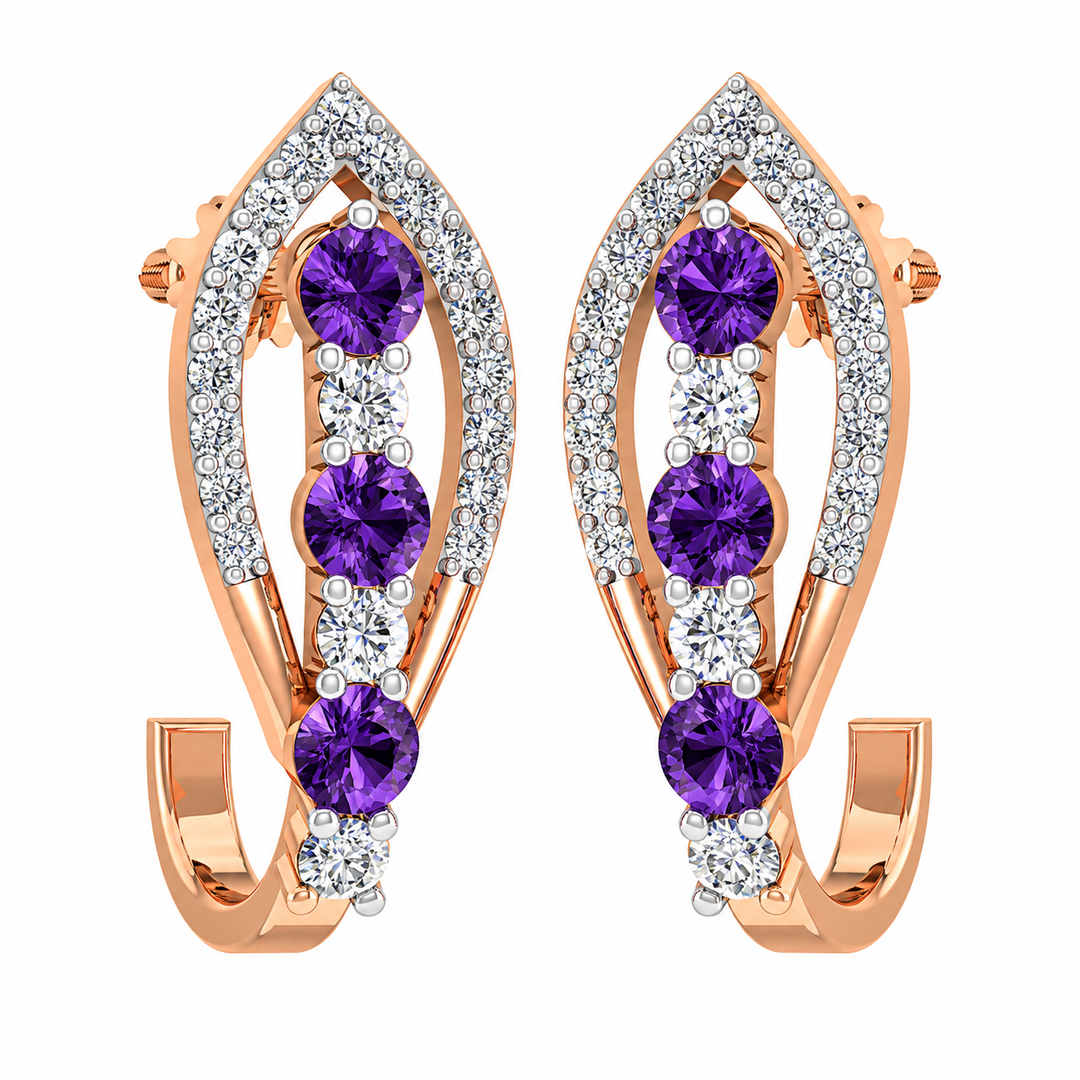 Rose gold hoop earrings with purple gemstones and clear stones on a white background