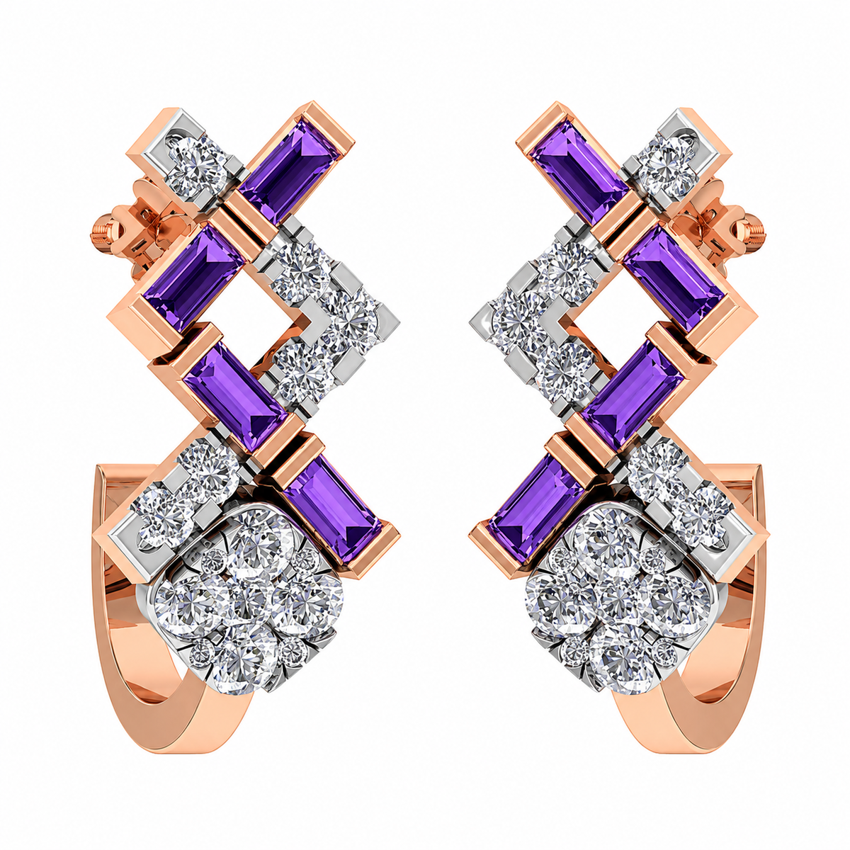 Pair of earrings with purple and clear gemstones on a white background