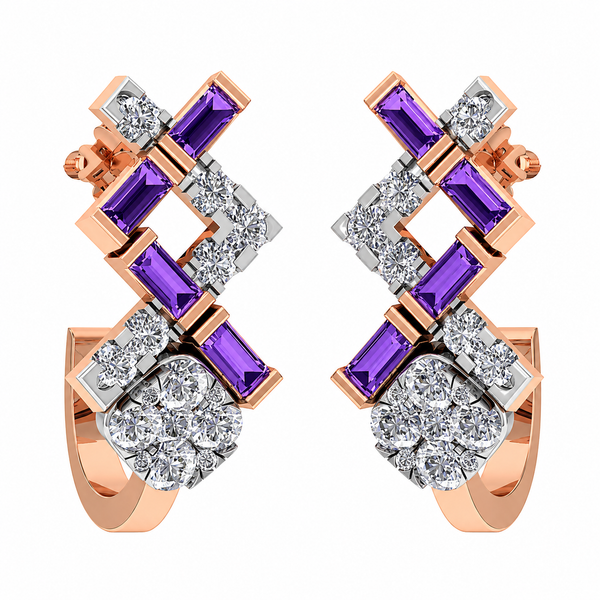 Pair of earrings with purple and clear gemstones on a white background