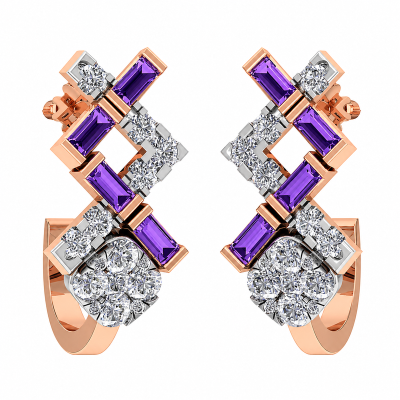 Pair of earrings with purple and clear gemstones on a white background