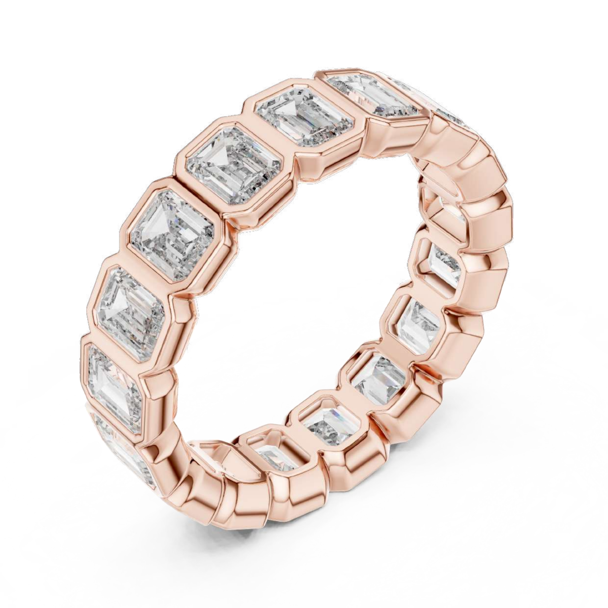 Rose gold ring with emerald cut diamonds on a white background