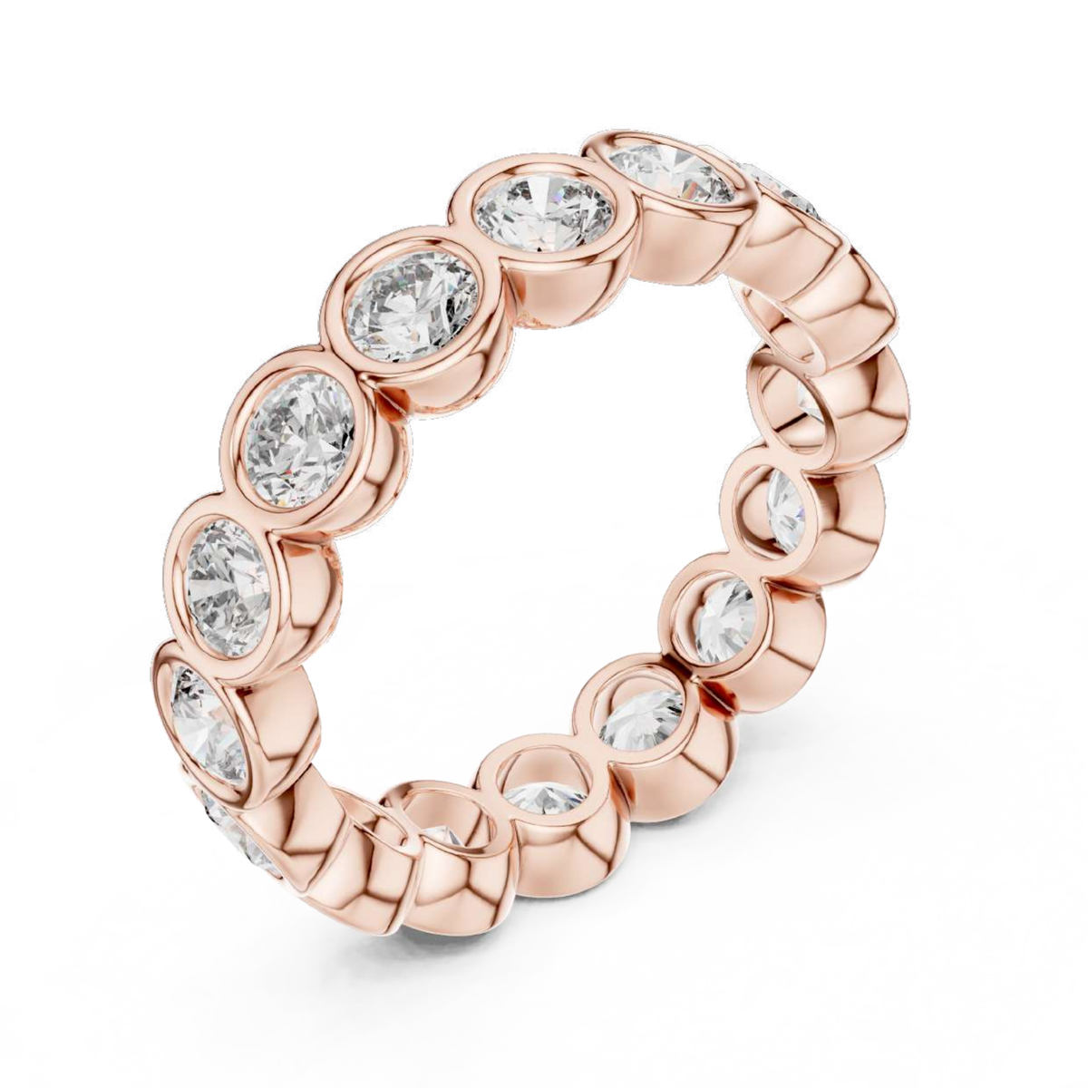 Rose gold ring with clear gemstones on a white background