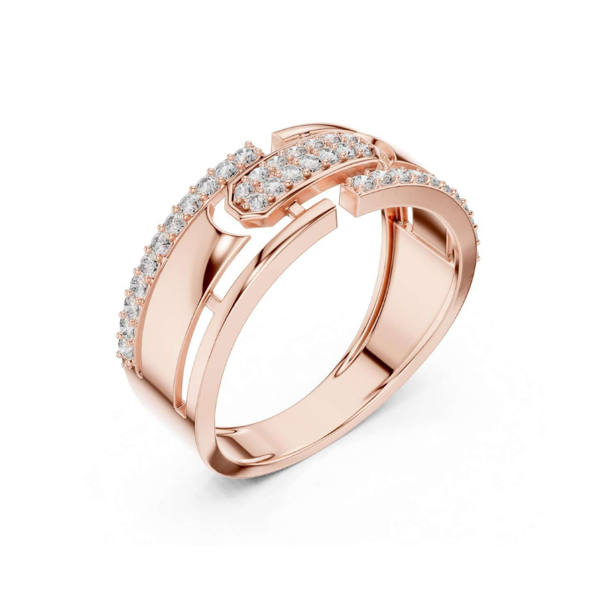 Rose gold ring with diamond accents on a white background