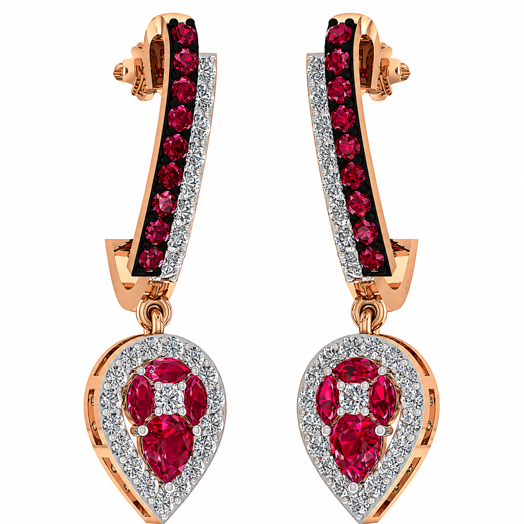 Rose gold earrings with red gemstones and clear stones on a white background