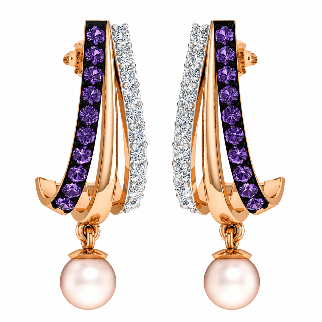 Pair of earrings with purple and white gemstones on a white background