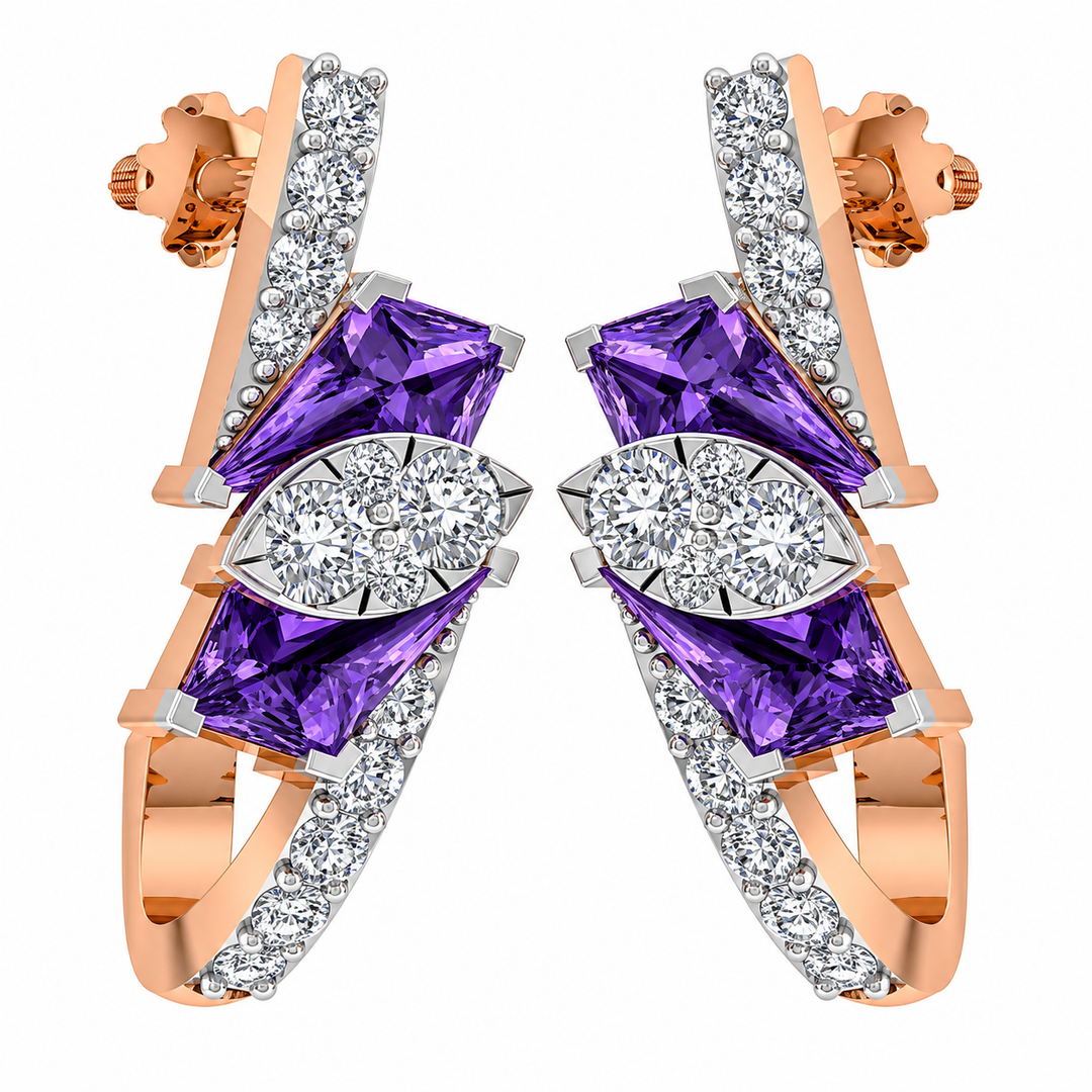 Rose gold earrings with purple gemstones and clear stones on a white background
