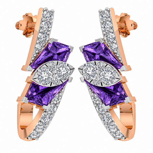 Rose gold earrings with purple gemstones and clear stones on a white background