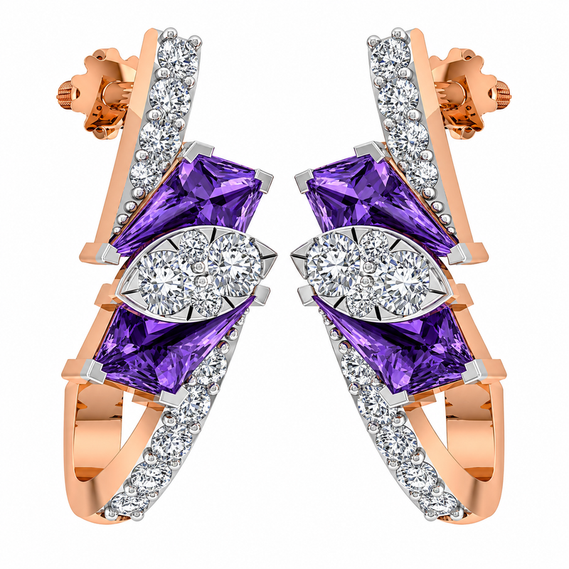 Rose gold earrings with purple gemstones and clear stones on a white background
