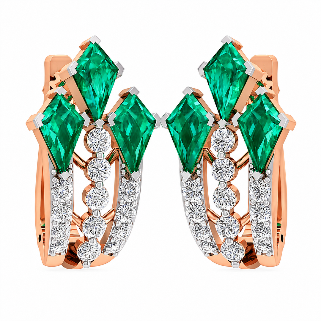 Rose gold earrings with green gemstones and clear stones on a white background
