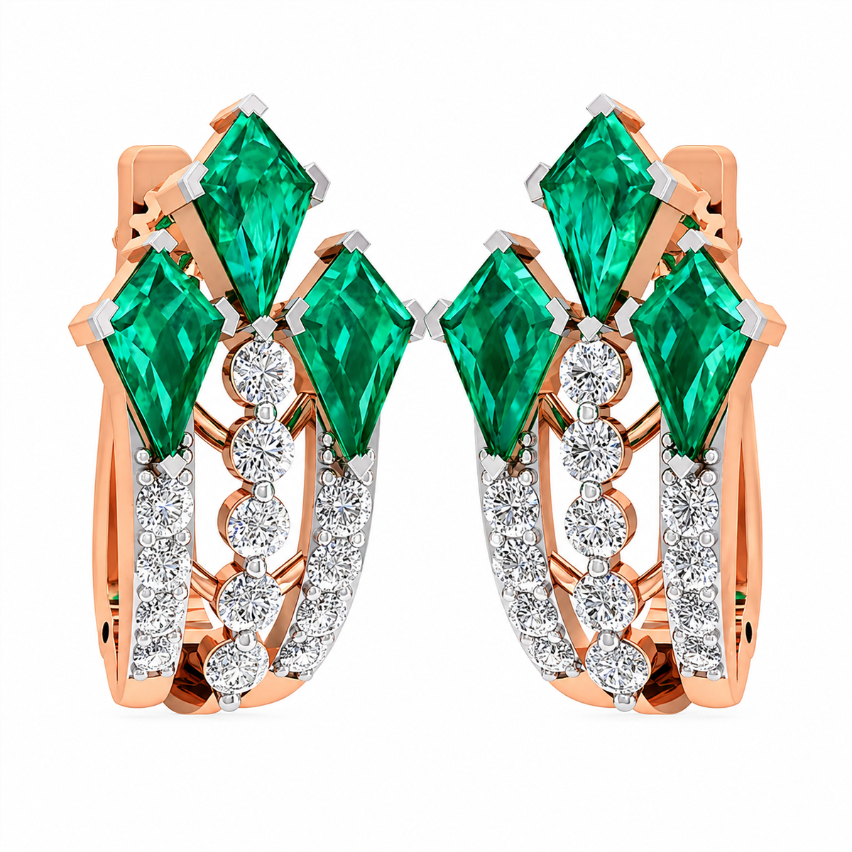 Rose gold earrings with green gemstones and clear stones on a white background
