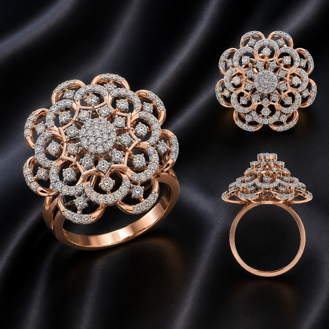 Royal Geometric Floral Diamond Cocktail Ring