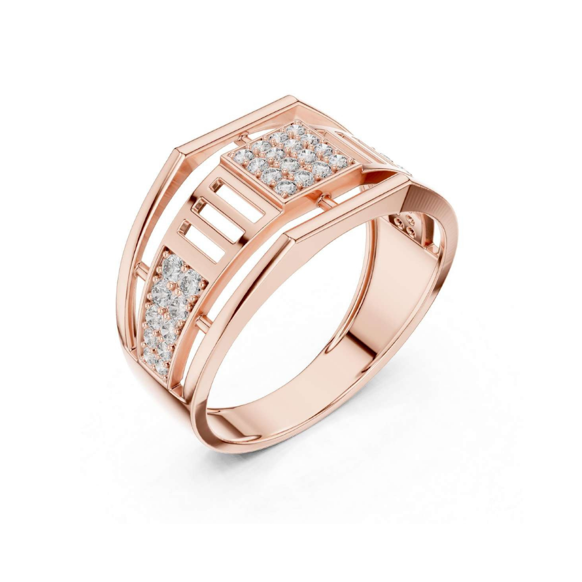 Rose gold ring with diamond accents on a white background