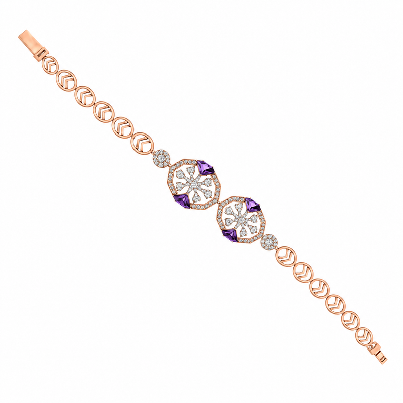 Rose gold bracelet with purple and clear gemstones on a white background