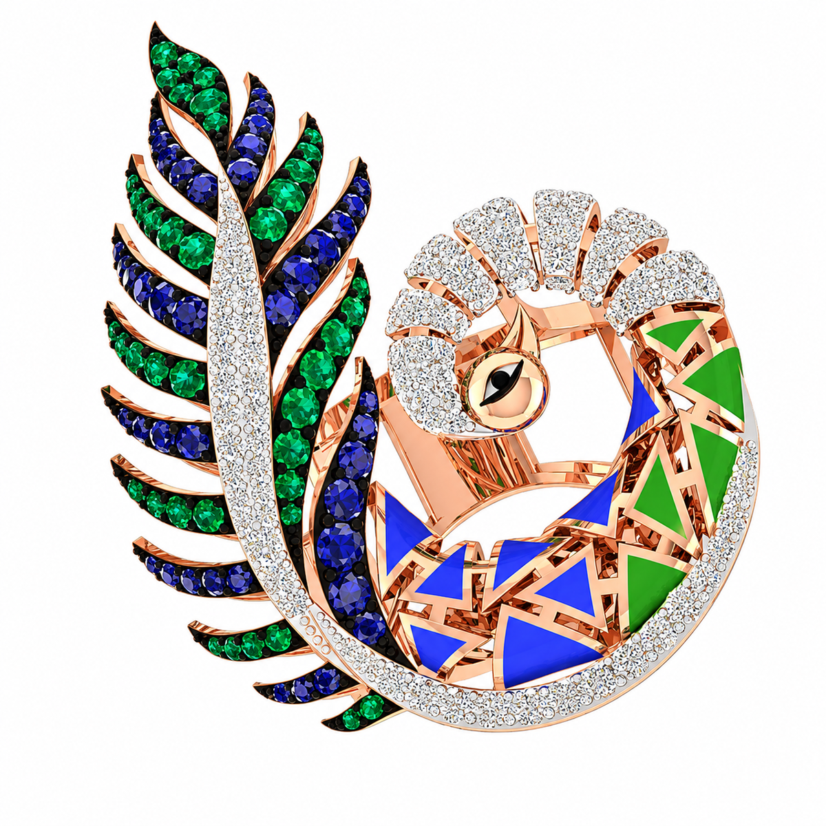 Ornate brooch with peacock feather design, colored gemstones, and rose gold accents on a white background
