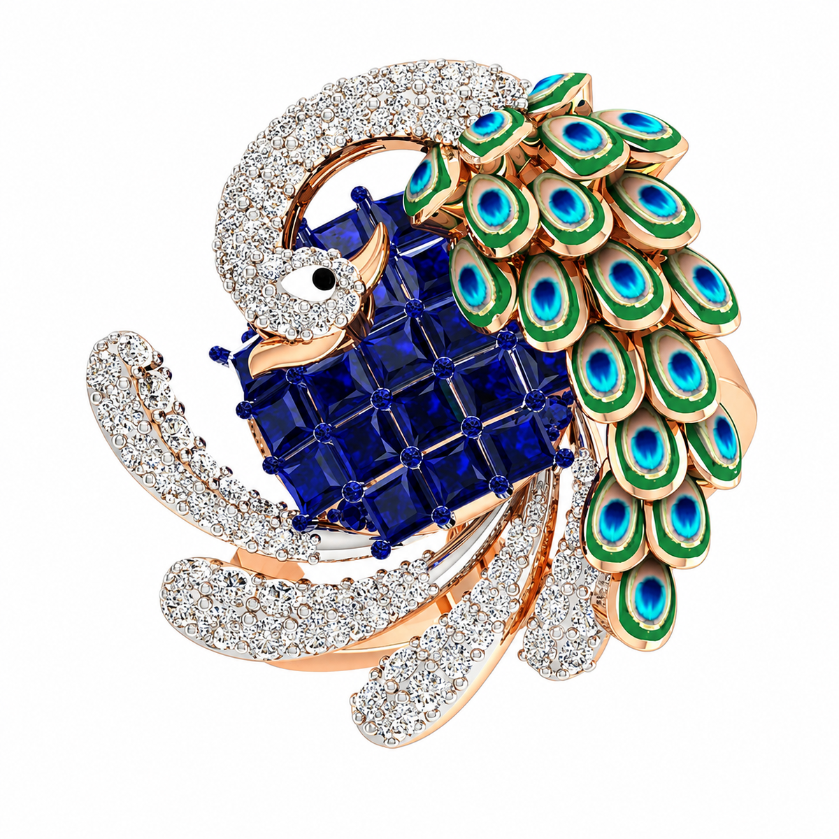 Luxury peacock feather brooch with blue gemstones and diamond accents on a white background