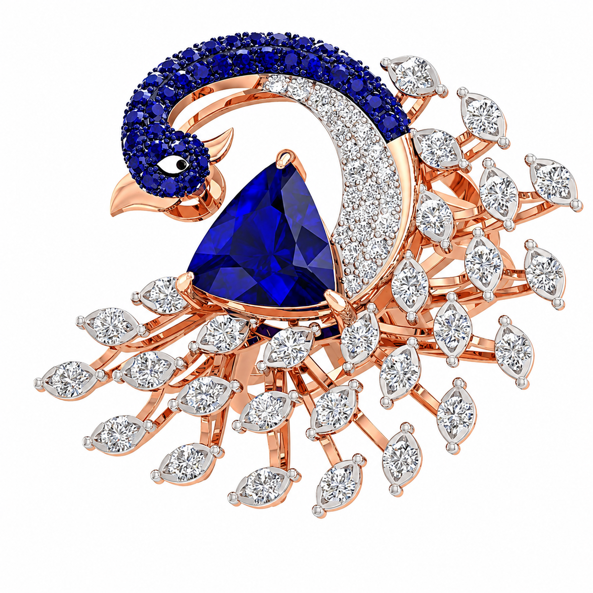 Elegant peacock shaped brooch with blue gemstone and rose gold accents on a white background