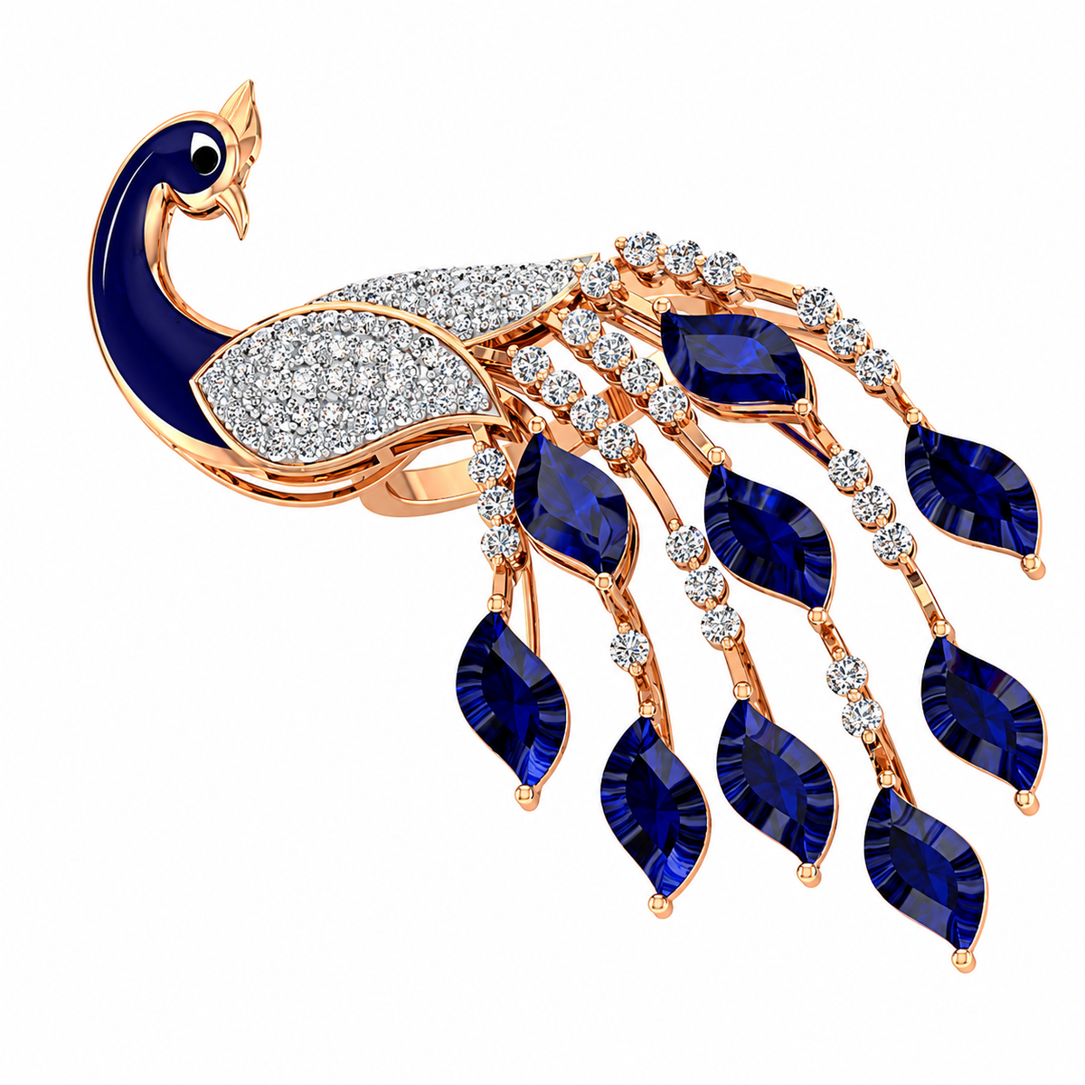 Elegant peacock shaped brooch with blue and clear gemstones on a white background