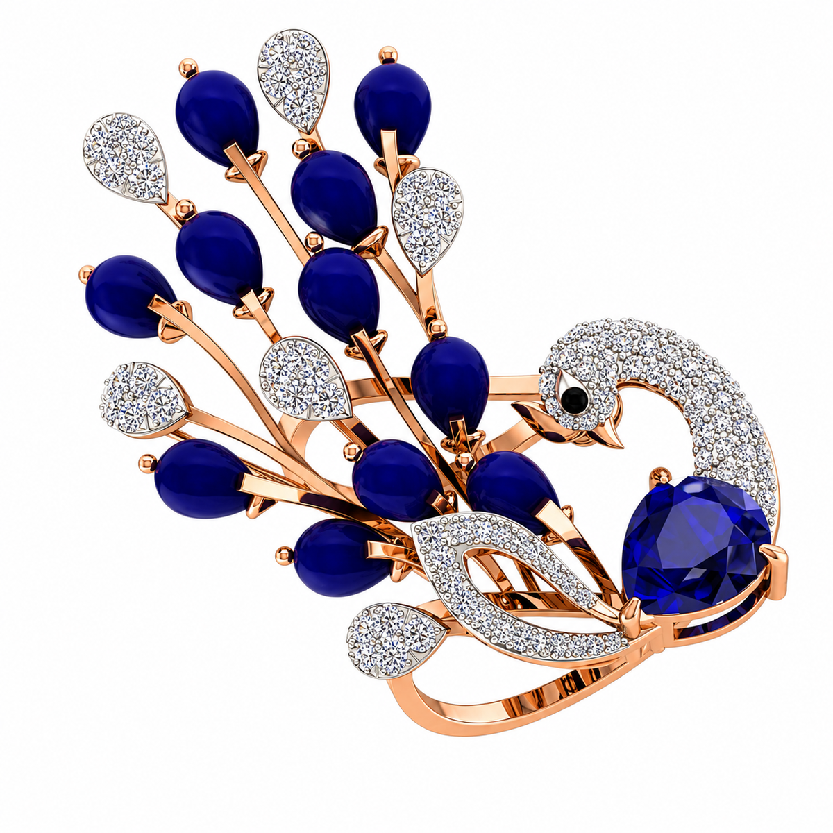 Elegant peacock shaped brooch with blue stones and rose gold accents on a white background