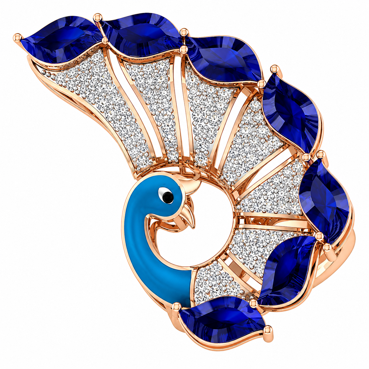 Peacock shaped brooch with blue and rose gold design on a white background
