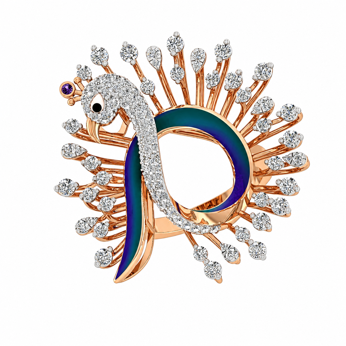 Ornate peacock shaped brooch with gemstones on a white background