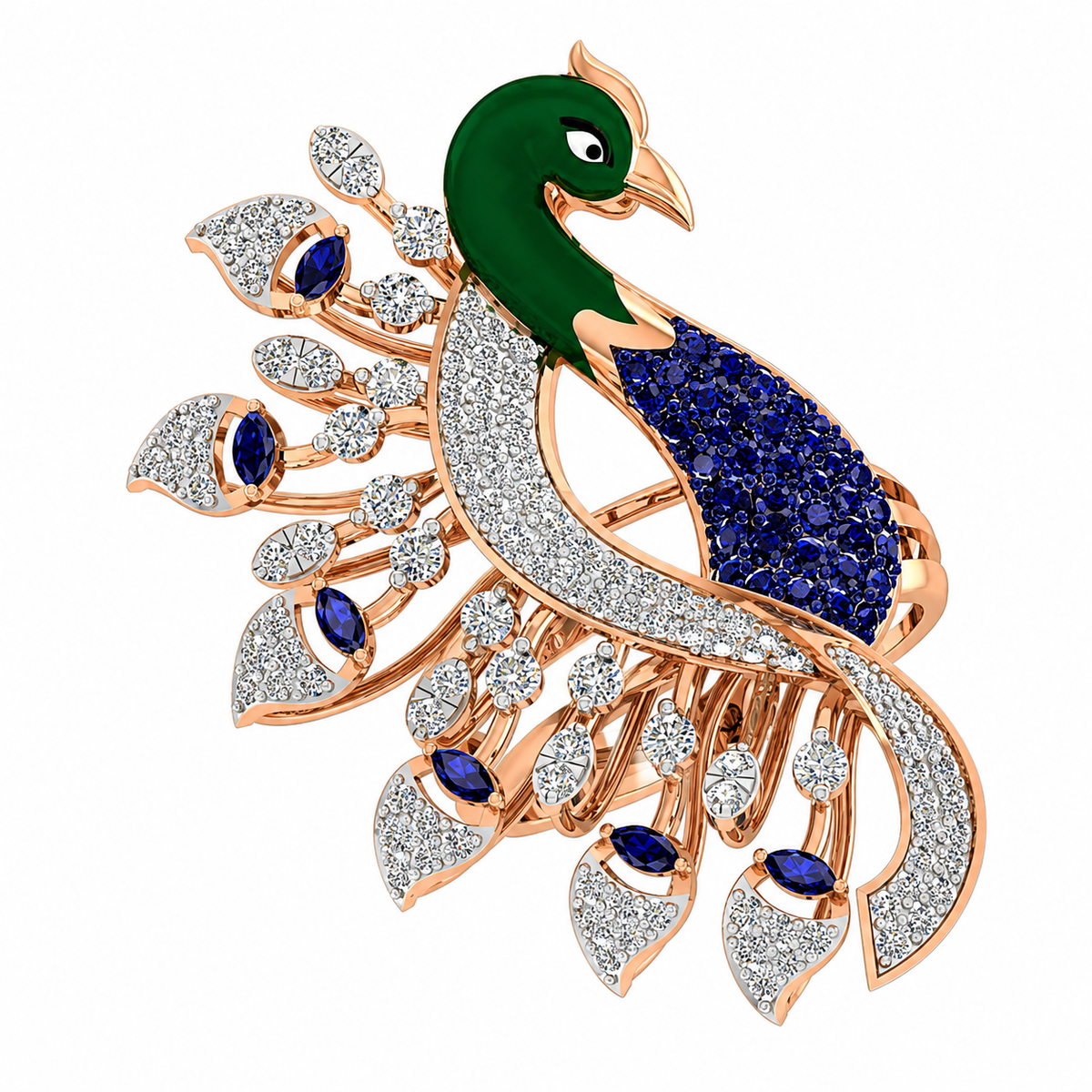 Jewelry brooch shaped like a peacock with green head, blue tail, and rose gold body on a white background