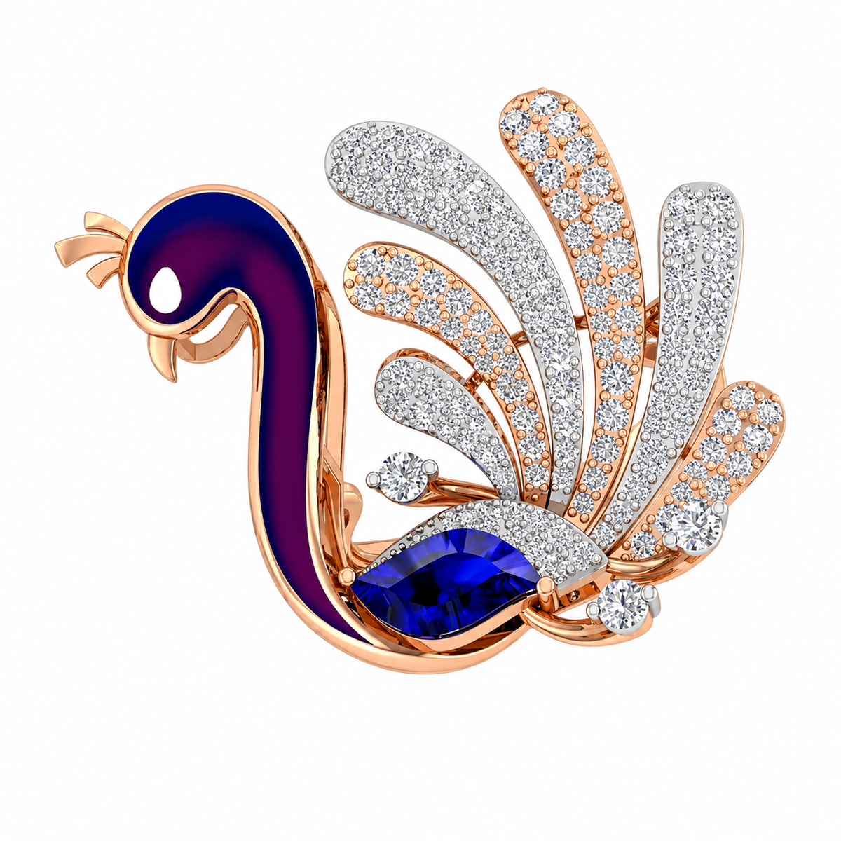 Ornate brooch with peacock design, rose gold, blue gemstone, and diamond accents on a white background
