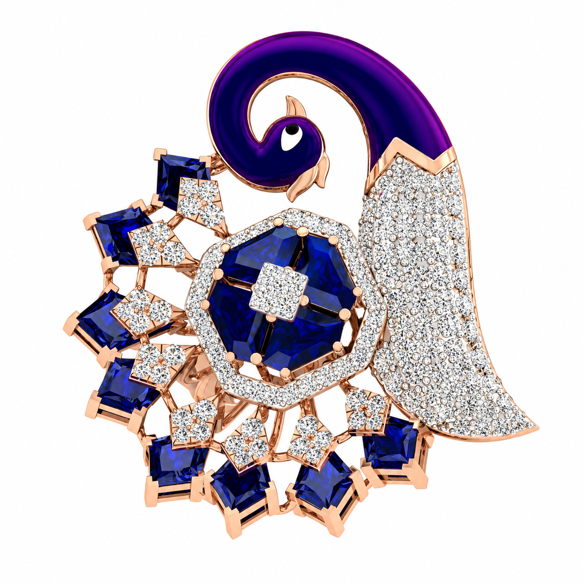 Ornate brooch with blue gemstones, rose gold accents, and purple enamel on a white background
