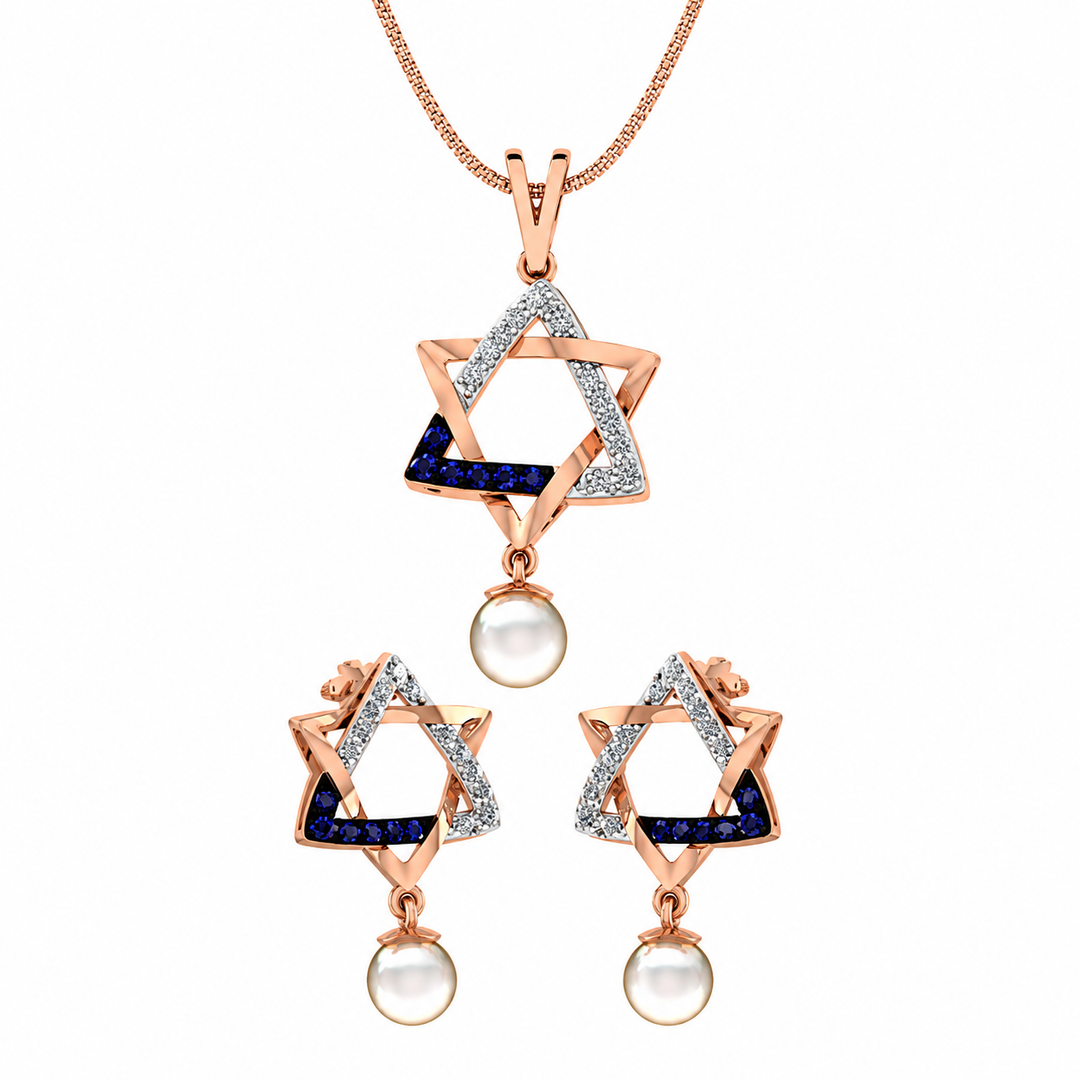 Sapphire Pearl Geometric Pendant Set