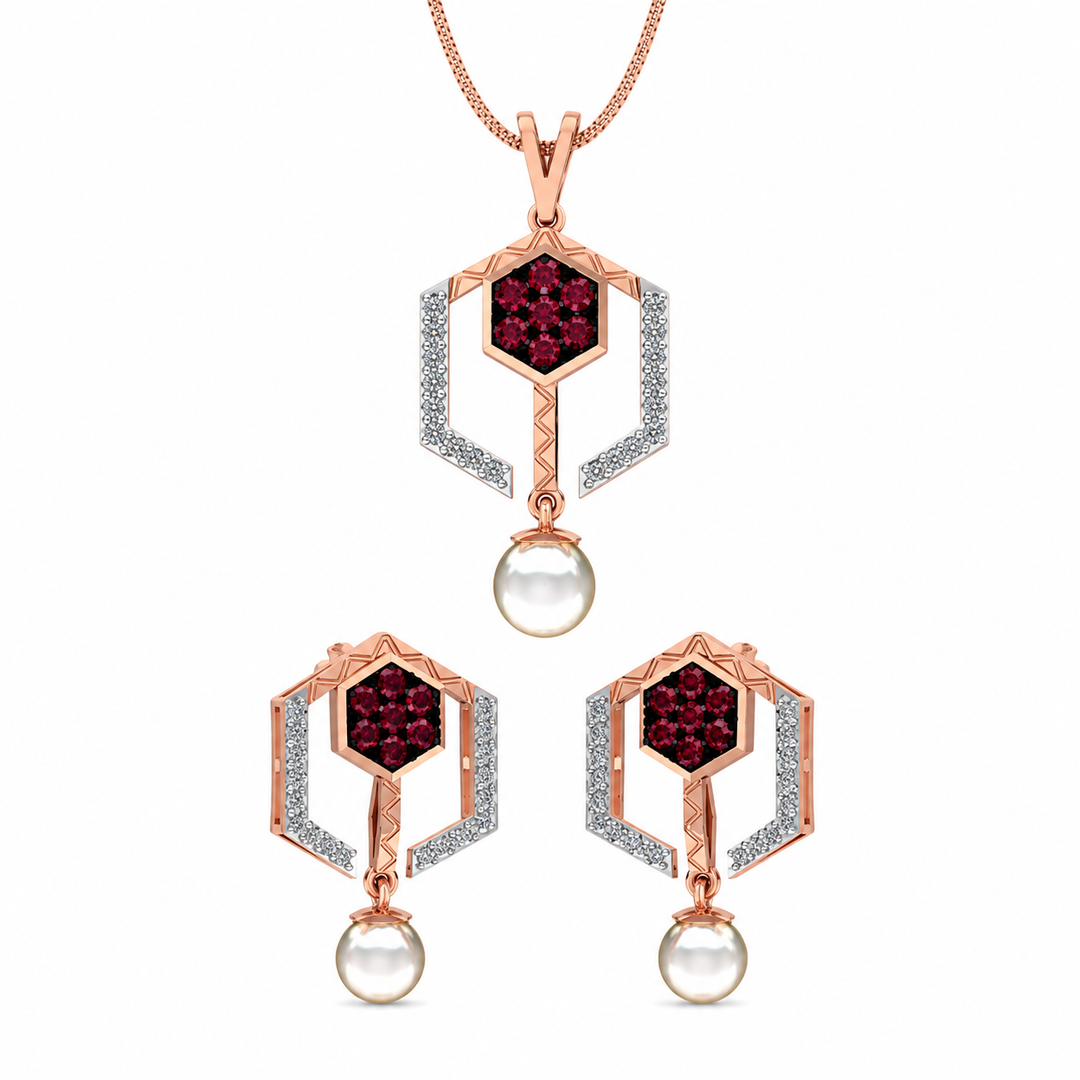 Ruby Pearl Geometric Pendant Set