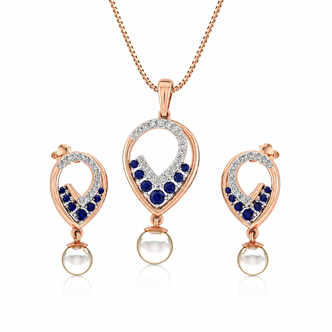 Blue Sapphire Pearl Teardrop Pendant Set