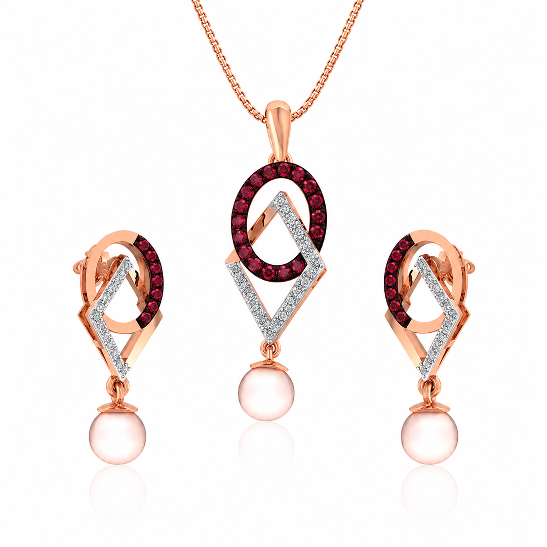 Ruby Pearl Geometric Pendant Set