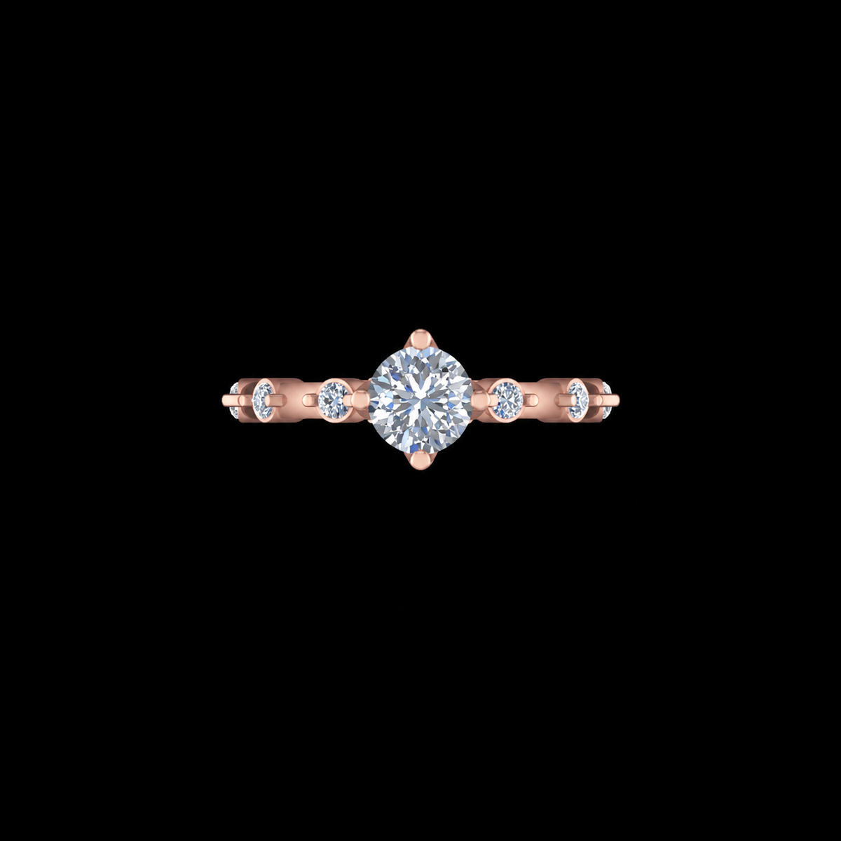 Rose gold ring with a central diamond and smaller diamonds on a black background