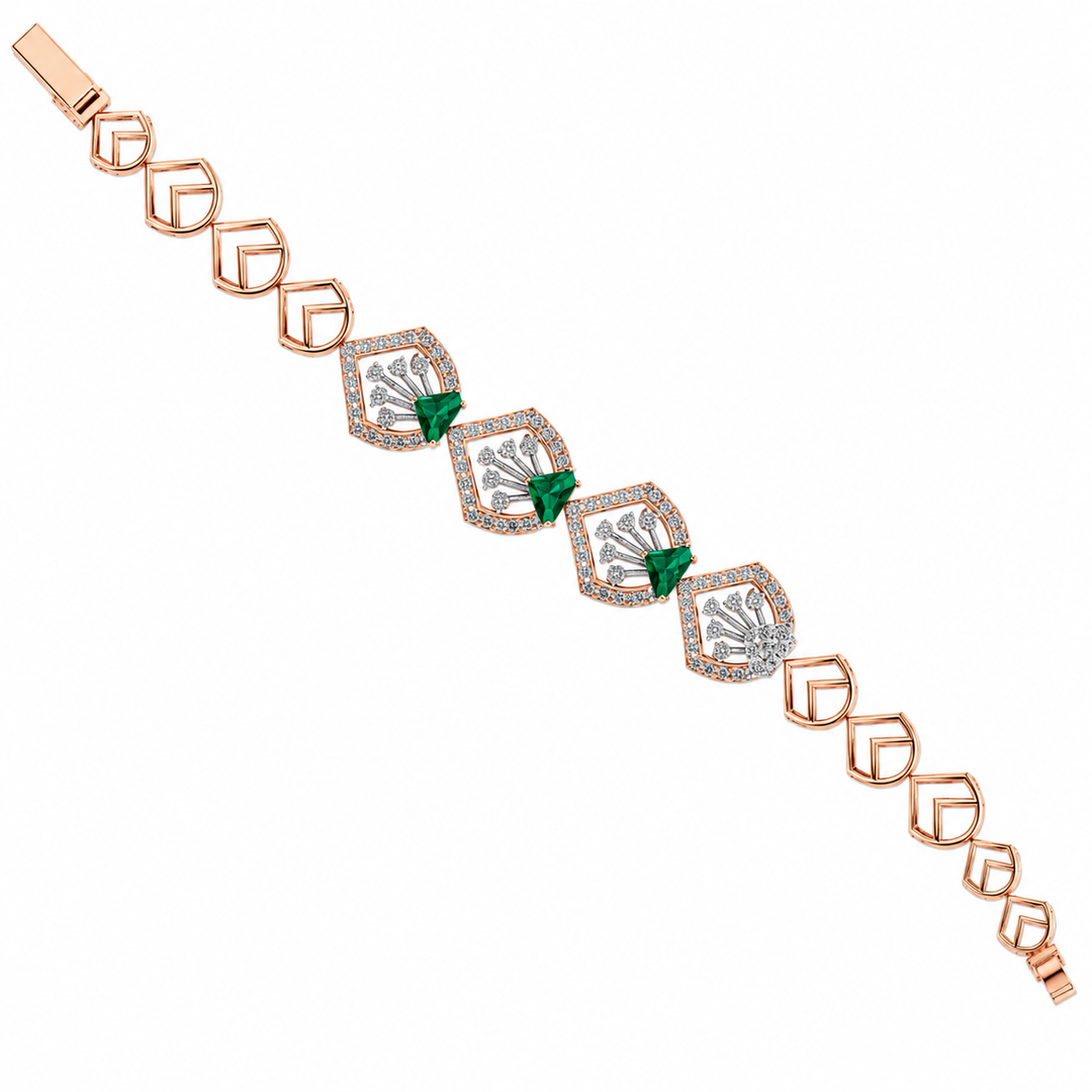 Rose gold bracelet with green and white gemstones on a white background