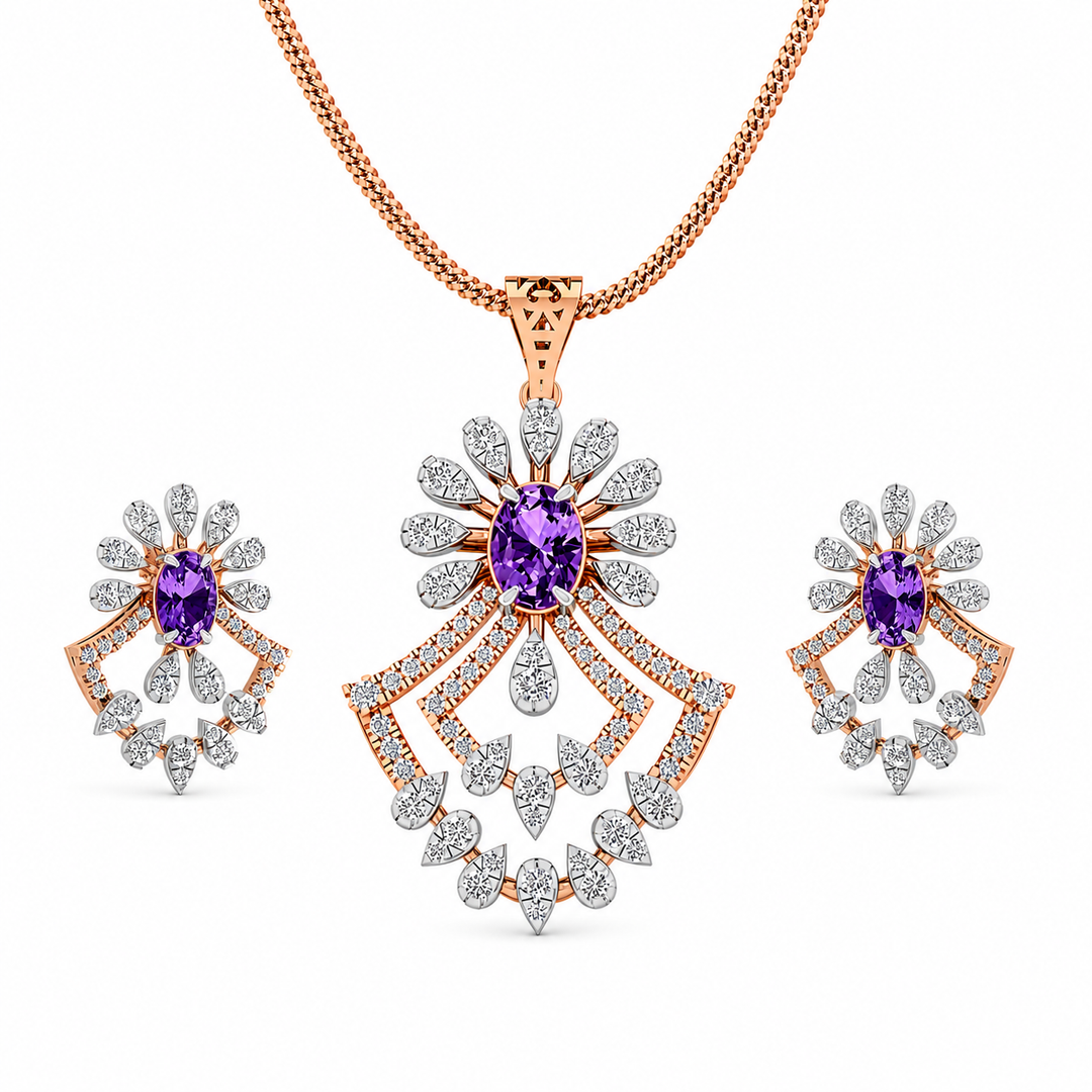Jewelry set with pendant and earrings featuring purple gemstones and rose gold accents on a white background.