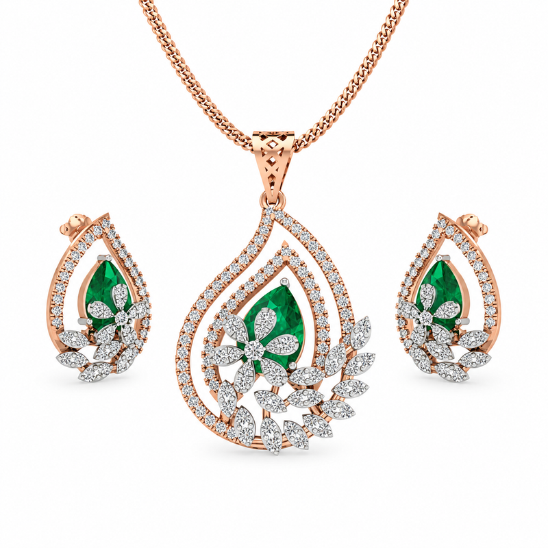 Emerald Floral Diamond Pendant Set