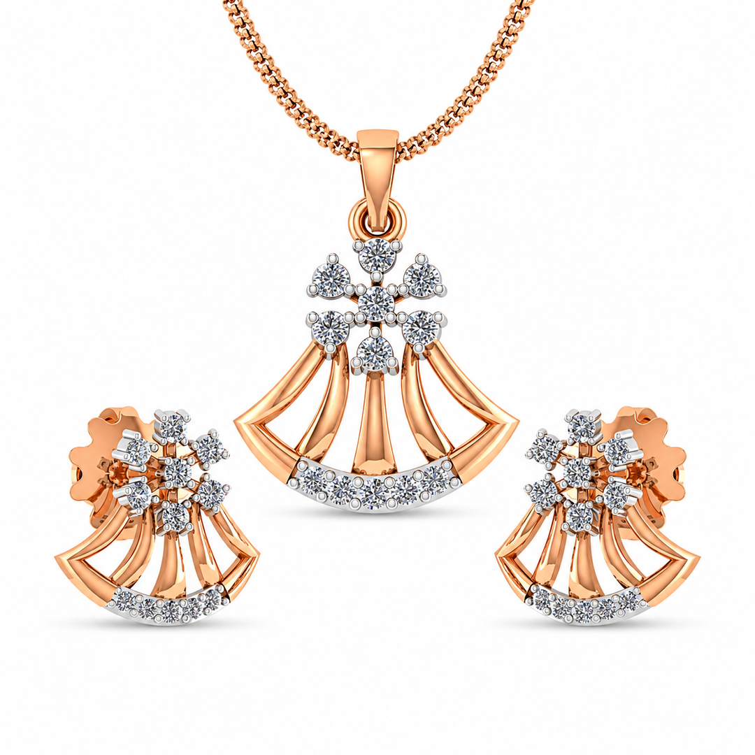 Rose gold necklace with matching earrings on a white background