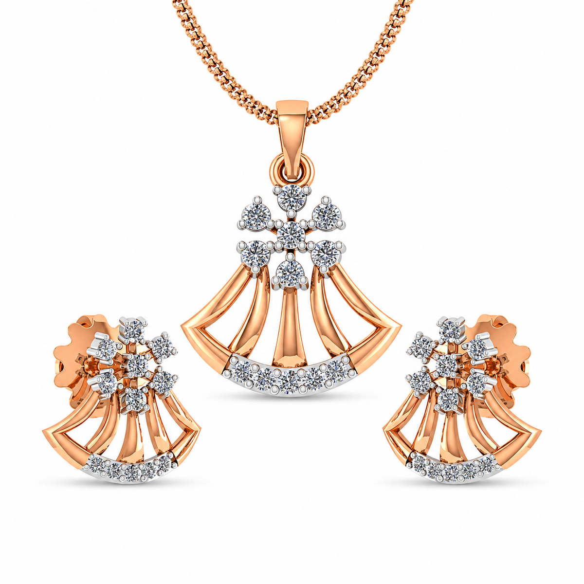 Rose gold necklace with matching earrings on a white background