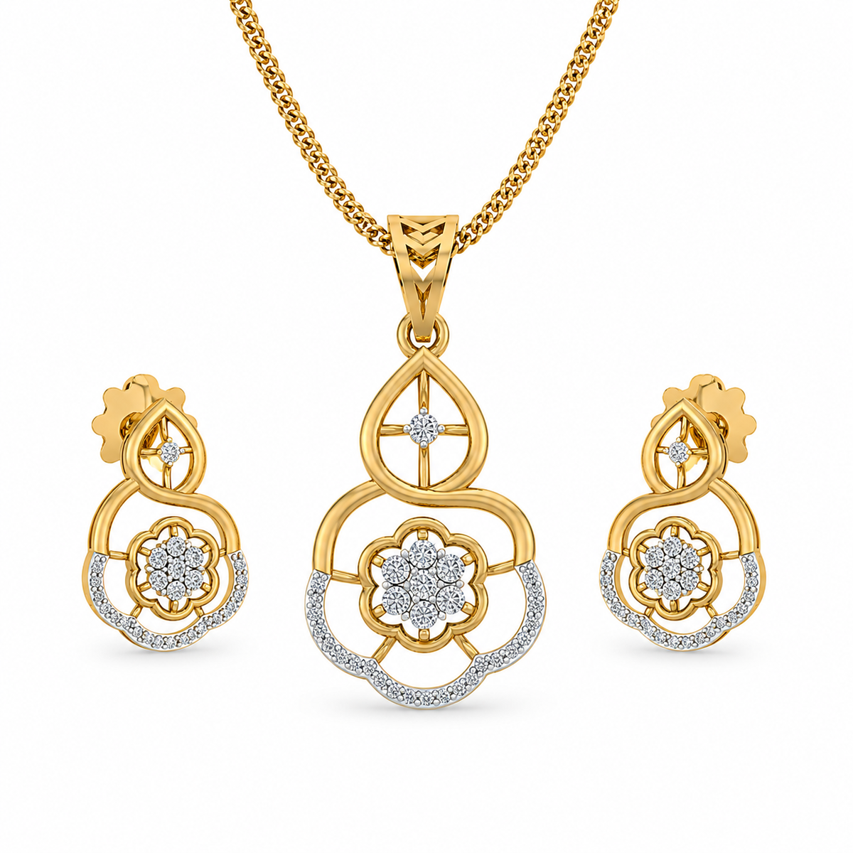 Gold jewelry set with pendant and earrings on a white background