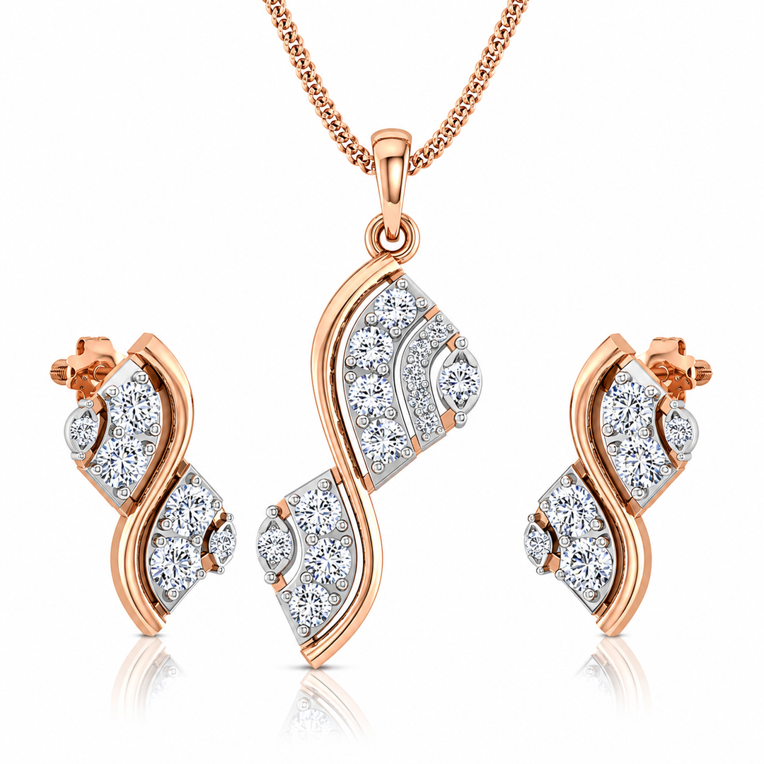 Rose gold jewelry set with diamond earrings and necklace on a white background