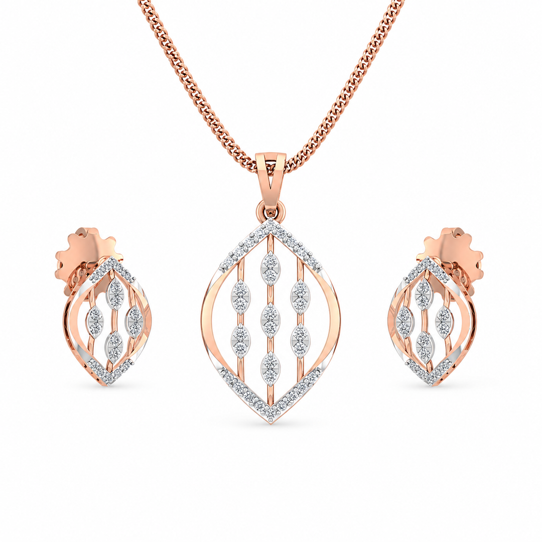 Rose gold and silver jewelry set with pendant and earrings on a white background