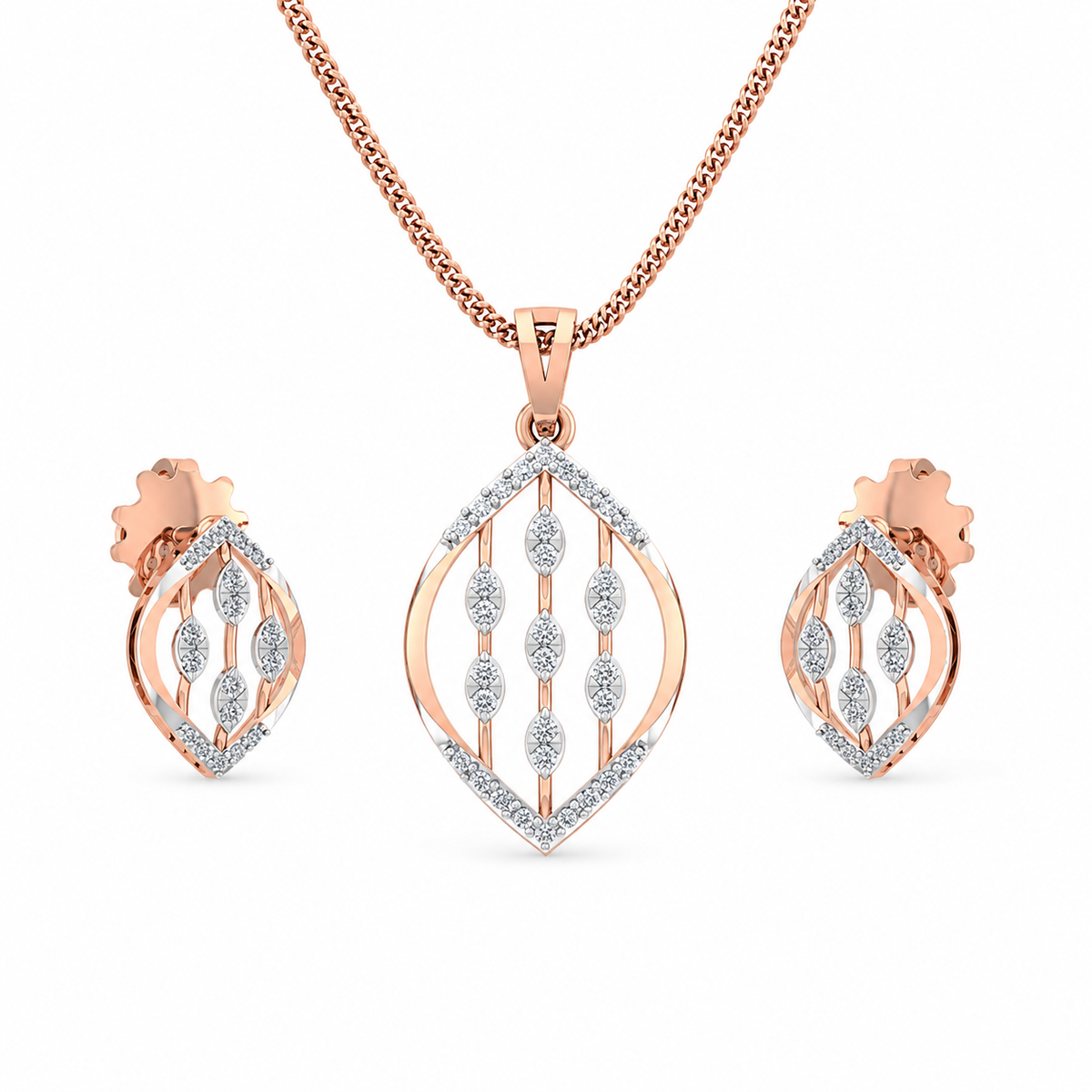 Rose gold and silver jewelry set with pendant and earrings on a white background