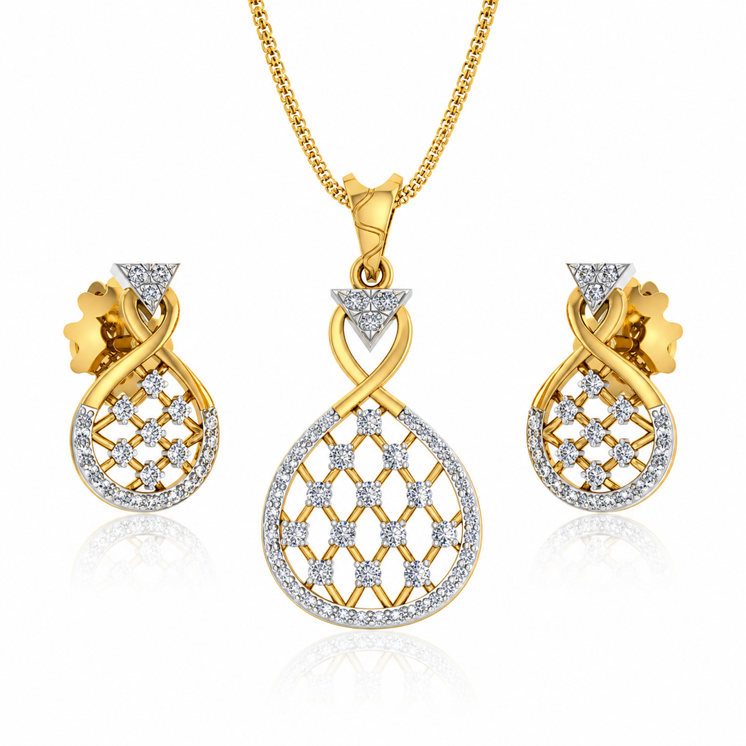 Gold and diamond jewelry set on a white background