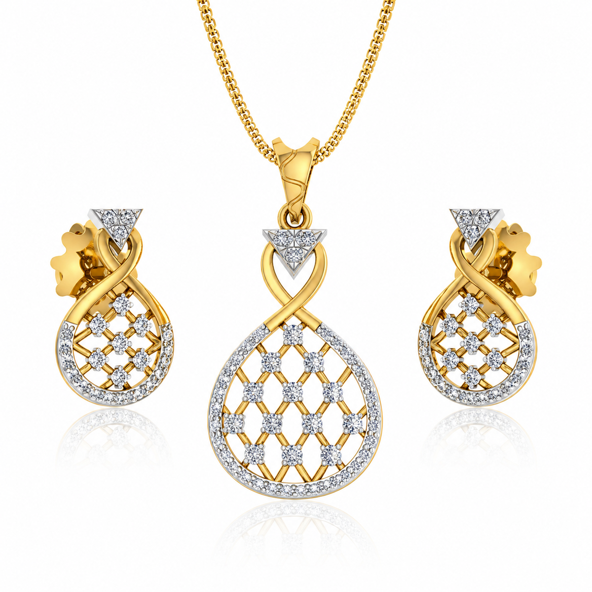 Gold and diamond jewelry set on a white background