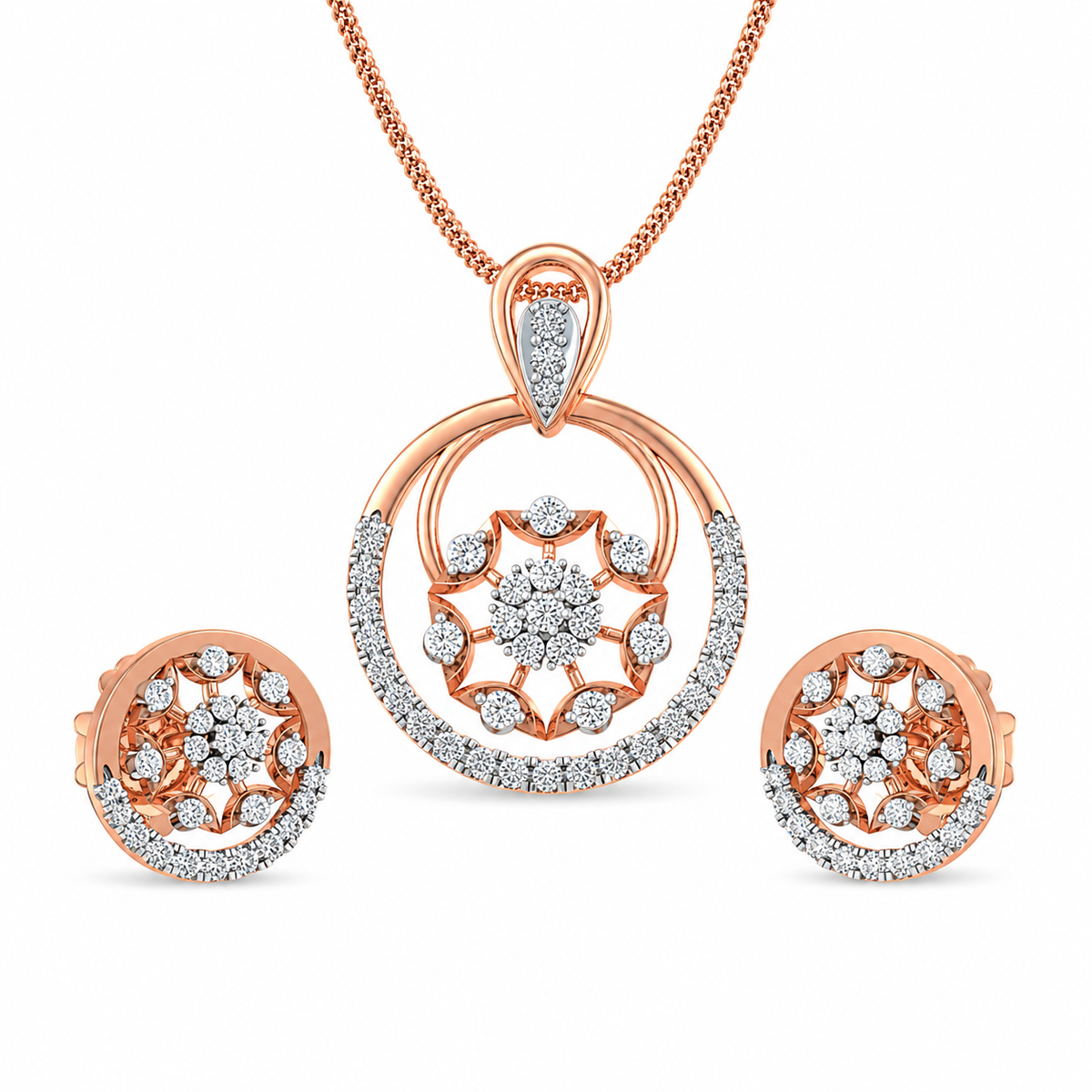 Rose gold jewelry set with necklace and earrings on a white background