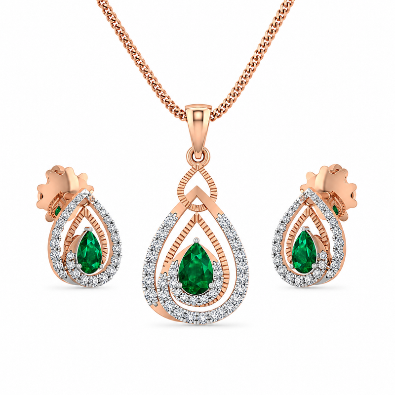 Rose Gold Emerald Teardrop Pendant Set