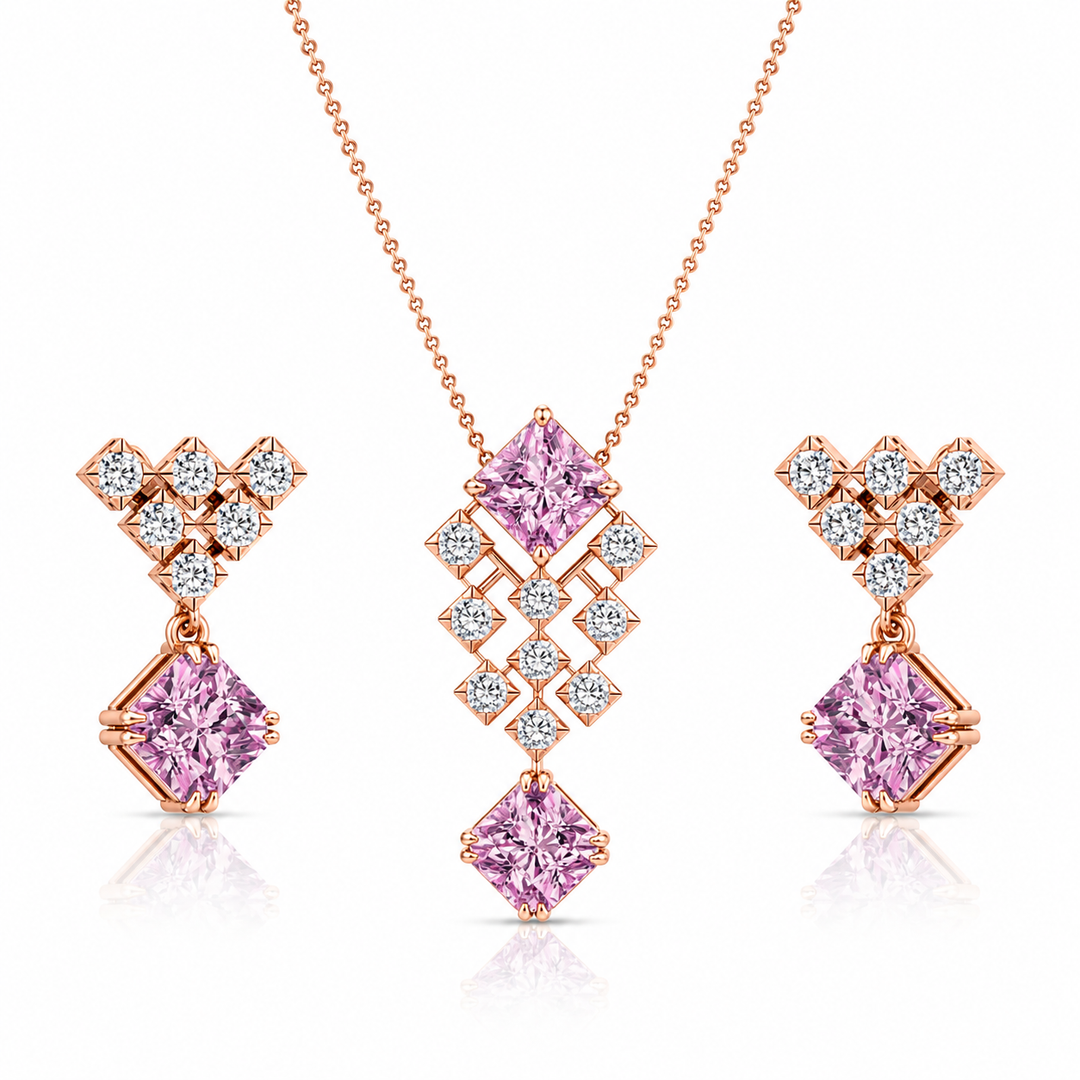 Rose gold necklace and earrings with pink gemstones on a white background